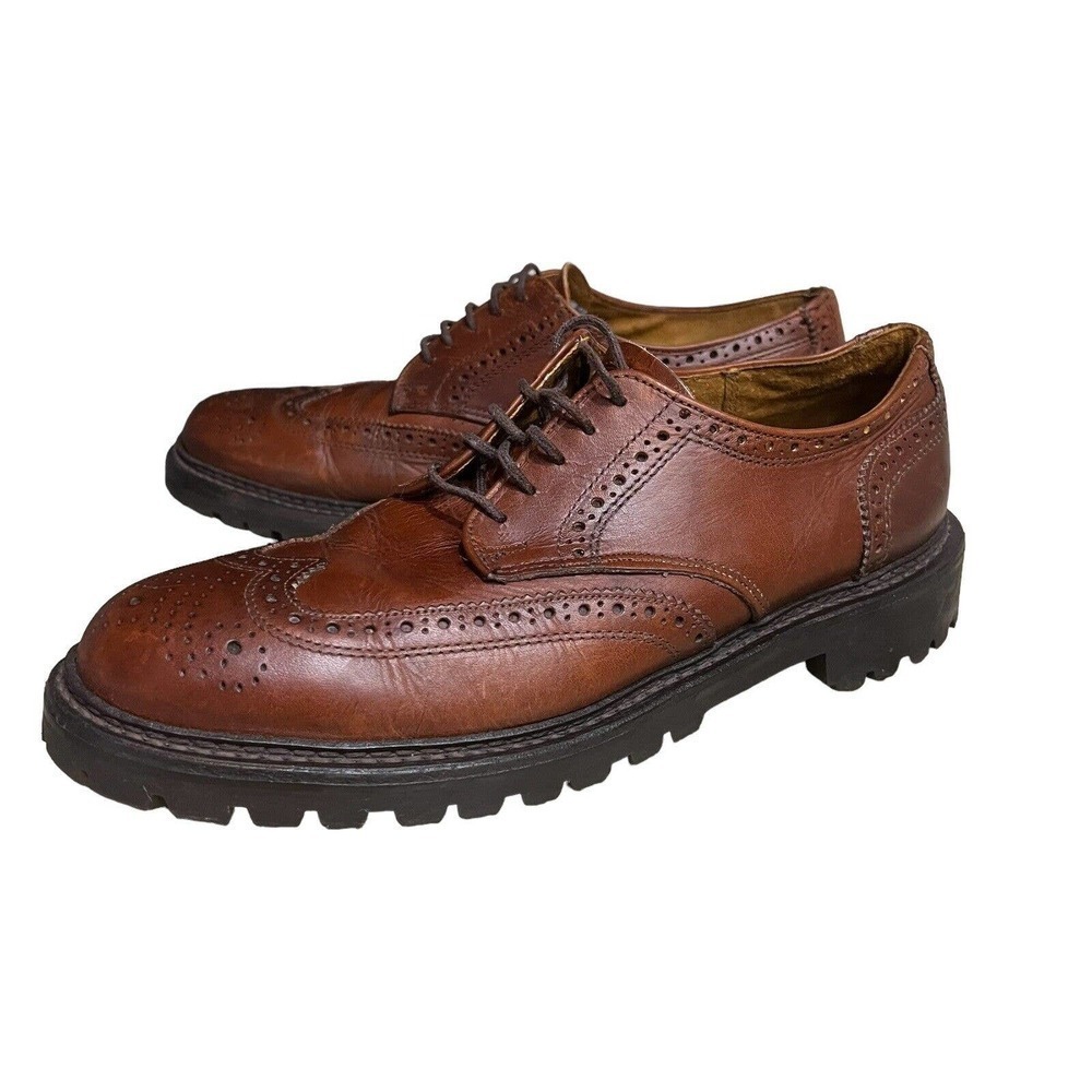 Vintage J. Crew Mens 10.5 M Y2K Leather Lace Up Brown Wingtip Chunky Sole Shoes